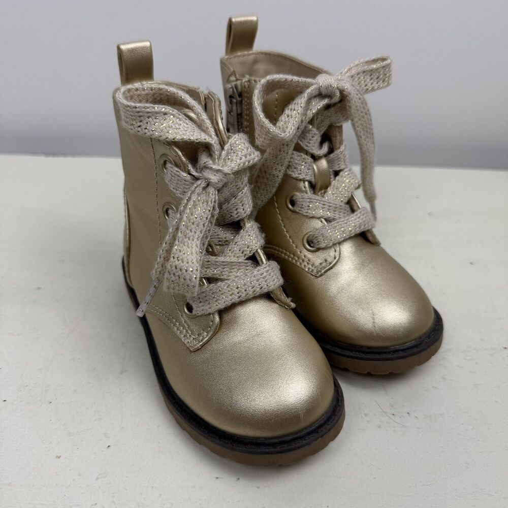 Cat & Jack Boots Toddler Girls' Size 6 Gold Giovanna Lace-Up Zipper Combat